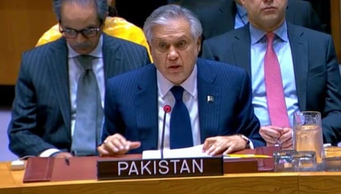 Deputy Prime Minister and Foreign Minister Ishaq Dar addresses a UNSC meeting in New York, US, May 26, 2026. — X/@PakistanUN_NY