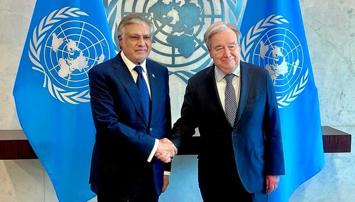 Deputy Prime Minister and Foreign Minister Senator Ishaq Dar meets Secretary-General of the United Nations Antonio Guterres in New York, on May 28, 2026. — X@ForeignOfficePk