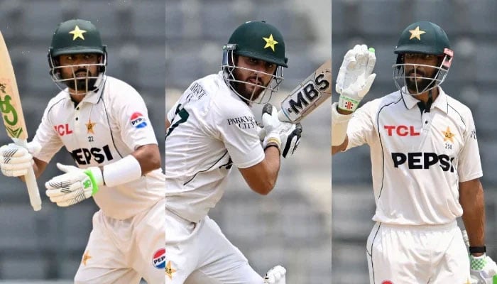 The collage of photos features Pakistan batters Babar Azam (left), Salman Ali Agha (centre) and captain Shan Masood. — AFP/File