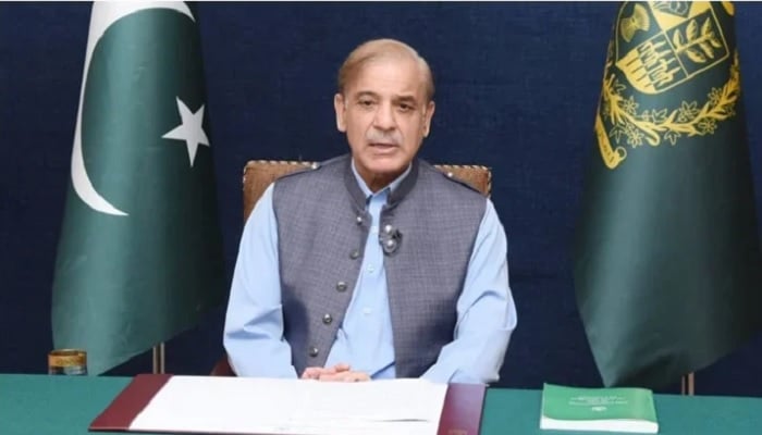 Prime Minister Shehbaz Sharif addresses the nation in this undated image. — PMs Office/File