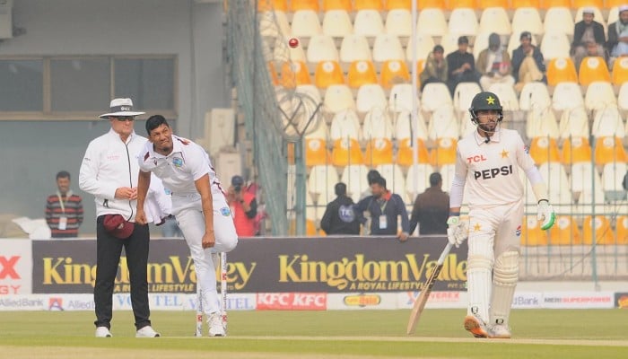 Gudakesh Motie opened the bowling for West Indies, Pakistan vs West Indies, 1st Test, day one, Multan, January 17, 2025. — PCB