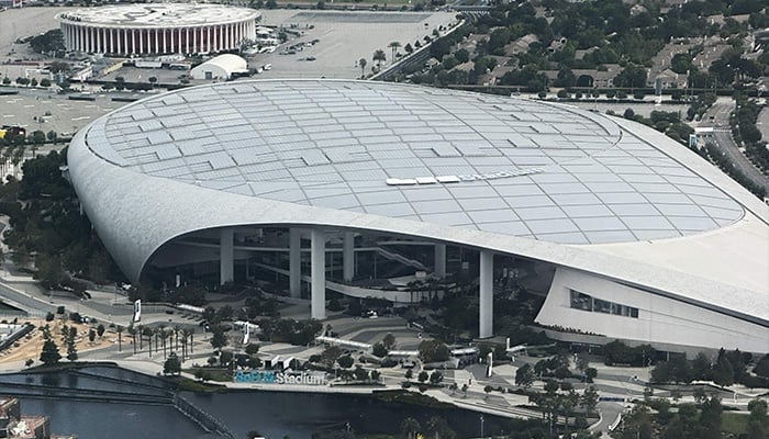 An aerial image shows Los Angeles Stadium, temporarily renamed from SoFi Stadium, and the KIA Forum (Rear) ahead of the Fifa World Cup 2026 in Inglewood, California, on May 27, 2026. — AFP
