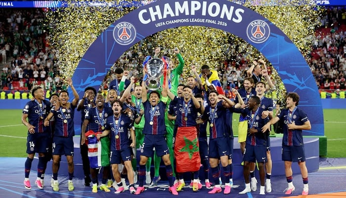 Paris St Germain’s Marquinhos lifts the trophy as he celebrates with teammates after winning the UEFA Champions League final against Arsenal at Puskas Arena in Budapest, Hungary, May 30, 2026.— Reuters