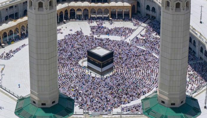 An aerial view showing a large number of pilgrims gathering for Friday prayers at the Grand Mosque in Makkah, Saudi Arabia, May 29, 2026. — APP