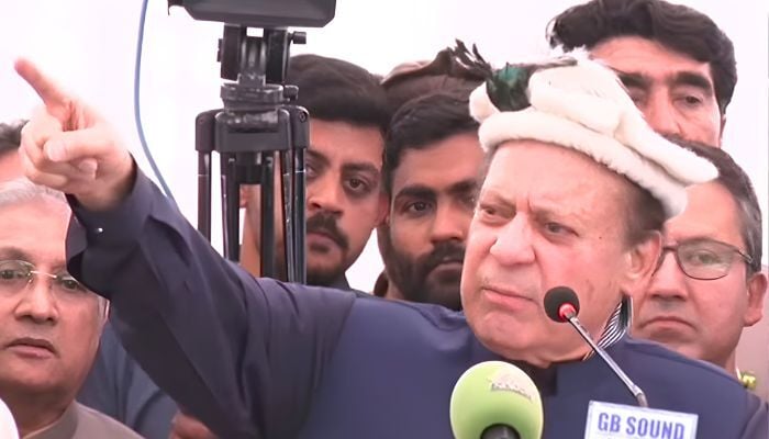 PML-N President Nawaz Sharif addresses a rally in Gilgit, June 2,2026. — Screengrab via Geo News