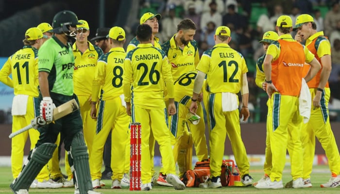 Australia players celebrate a wicket during the second ODI against Pakistan at Gaddafi Stadium, Lahore, on June 2, 2026. — PCB