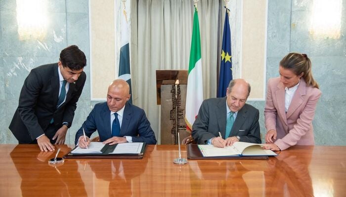 Pakistans Ambassador to Italy Ali Javed and Italys Secretary General for Foreign Affairs Ambassador Riccardo Guariglia pictured while signing the pact. — Pakistani Embassy in Rome