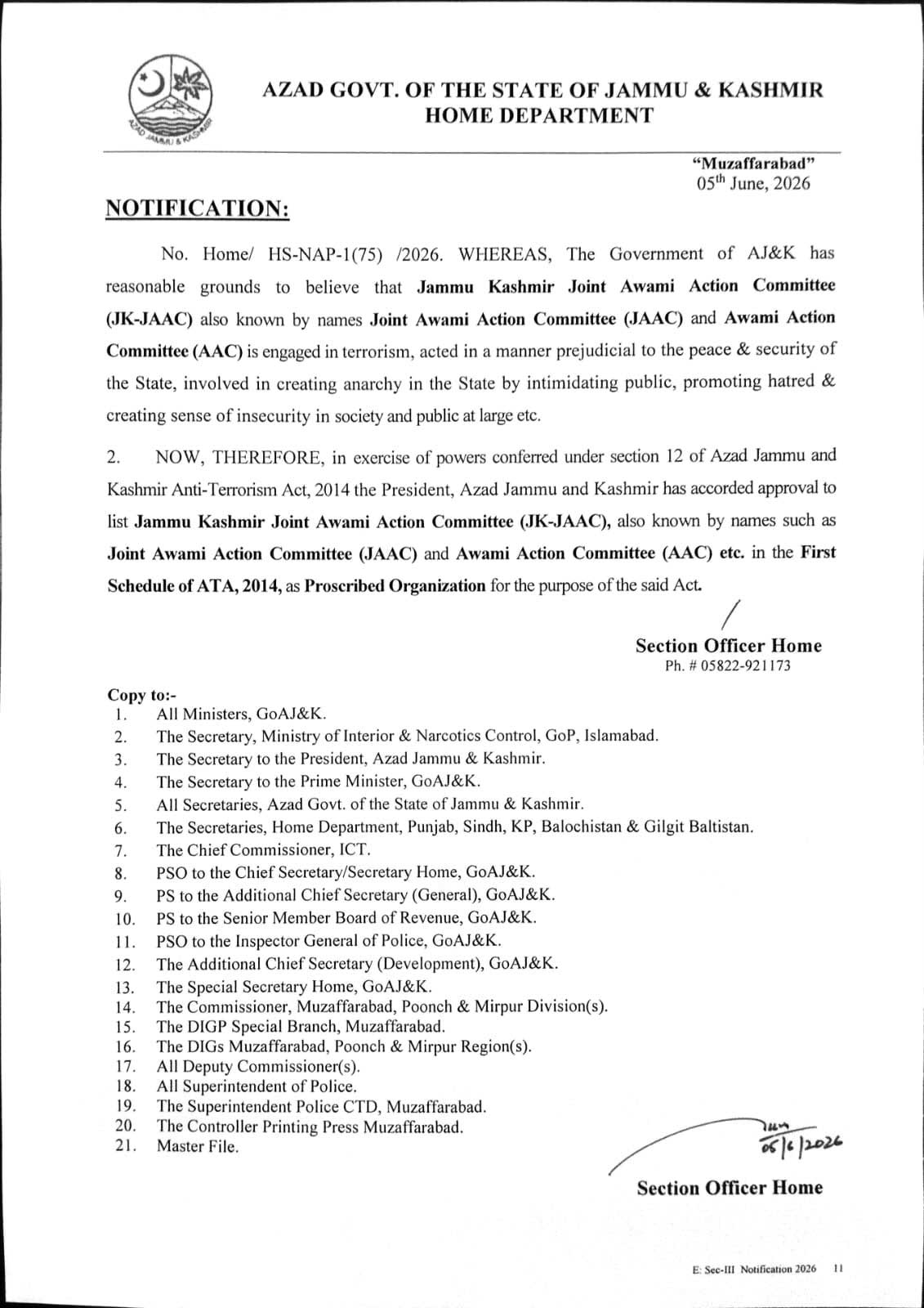 AJK proscribes JAAC under anti-terrorism law for creating anarchy