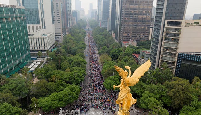 A drone view of people participating in an attempt to break the Guinness World Record for the worlds largest Mexican wave along Reforma Avenue as part of activities ahead of the Fifa World Cup 2026, in Mexico City, Mexico, June 6, 2026. — Reuters