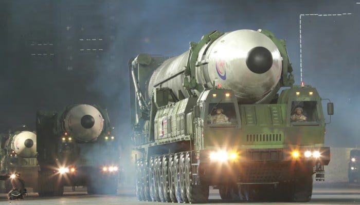 Hwasong-17 intercontinental ballistic missiles take part in a nighttime military parade to mark the 90th anniversary of the founding of the Korean Peoples Revolutionary Army in Pyongyang, North Korea, in this undated photo released by North Koreas Korean Central News Agency (KCNA) on April 26, 2022. — Reuters