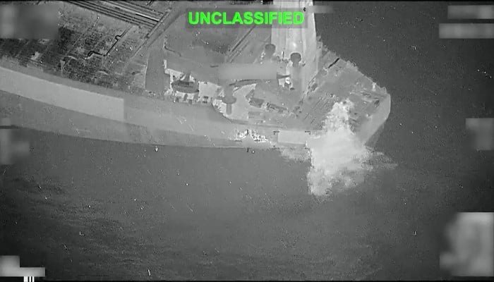 This screen grab, made on June 3, 2026, from a handout video released by US Central Command on June 2, 2026, shows what the US military says is a missile strike by US forces on the Botswana-flagged M/T Lexie. — AFP