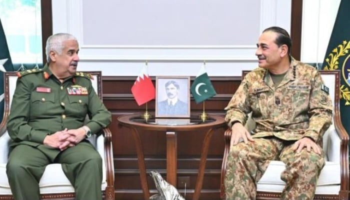 Bahrain National Guard Commander General Shaikh Mohammad Bin Isa Bin Salman Al Khalifa (left) meets Field Marshal Asim Munir at GHQ, Rawalpindi, June 9, 2026. — ISPR