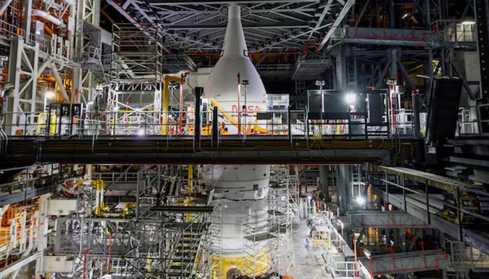 Nasas Artemis programme moon rocket is shown inside the massive Vehicle Assembly Building at Kennedy Space Center in Cape Canaveral, Florida, US November 5, 2021. — Reuters