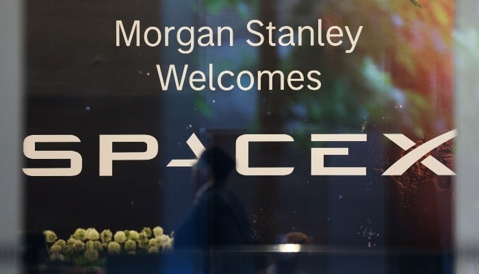 A wall inside the lobby of Morgan Stanleys global headquarters reads Morgan Stanley Welcomes SpaceX in the Manhattan borough of New York City, US, on June 11, 2026. — AFP