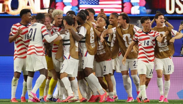 Giovanni Reyna of the US celebrates scoring their fourth goal with teammates, in the Fifa World Cup 2026  Group D match against Paraguay, Los Angeles Stadium, Inglewood, California, US, June 12, 2026. — Reuters