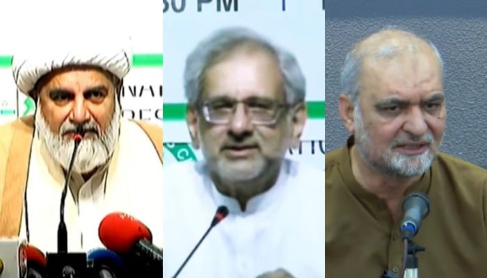 This collage shows Senate Opposition Leader Allama Raja Nasir Abbas (left), Awam Pakistan Party leader Shahid Khaqan Abbasi (centre), Jamaat-e-Islami Emir Hafiz Naeemur Rehman. — Screengrab via Geo News