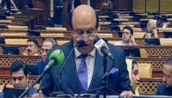 Punjab Finance Minister Mian Mujtaba Shuja-ur-Rehman addresses the assembly session to present provincial budget for financial year 2026-27 on June 16, 2026. — Screengrab via Geo News