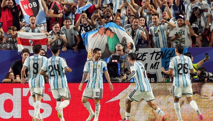Argentina’s Lionel Messi celebrates with teamamtes after scoring a goal during the FIFA World Cup 2026 Group J match between Argentina and Algeria at Kansas City Stadium, Kansas City, Missouri, US, June 16, 2026. — Reuters