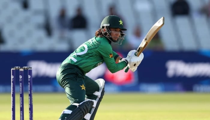 Pakistans Tuba Hassan plays a shot during their ICC Womens T20 World Cup match against South Africa at Edgbaston in Birmingham on June 17, 2026. — ICC