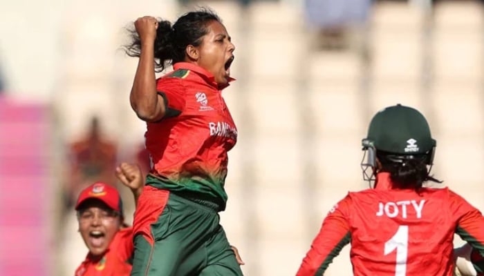 Bangladeshs Ritu Moni (centre) celebrates taking a wicket during their ICC Womens T20 World Cup match against Pakistan at The Rose Bowl in Southampton, June 20, 2026. — ICC