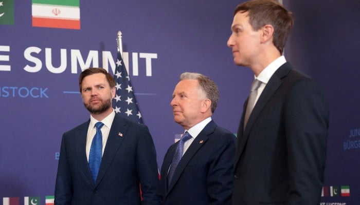US Vice President JD Vance waits, alongside US President Donald Trumps special envoy Steve Witkoff and Trumps son-in-law Jared Kushner, at the Buergenstock Resort Lake Lucerne, near Stansstad, Switzerland, June 21, 2026. — Reuters