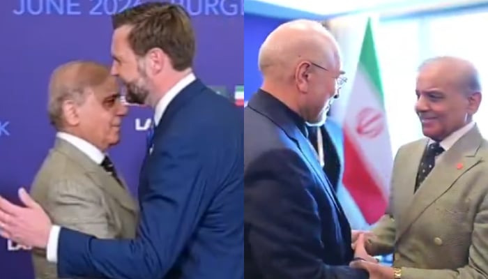 This collage of photos shows Prime Minister Shehbaz Sharif meeting US Vice President JD Vance (left) and Iranian Parliament Speaker Mohammad Bagher Ghalibaf. — Screengrab via YouTube/Geo News