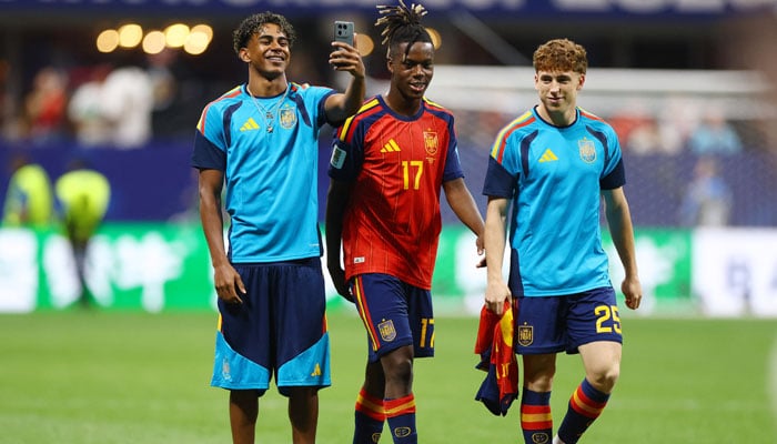 Spains Lamine Yamal, Nico Williams and Victor Munoz celebrate after the Group H match Spain v Saudi Arabia during Fifa World Cup 2026 at Atlanta Stadium, Atlanta, Georgia, US on June 21, 2026. — Reuters