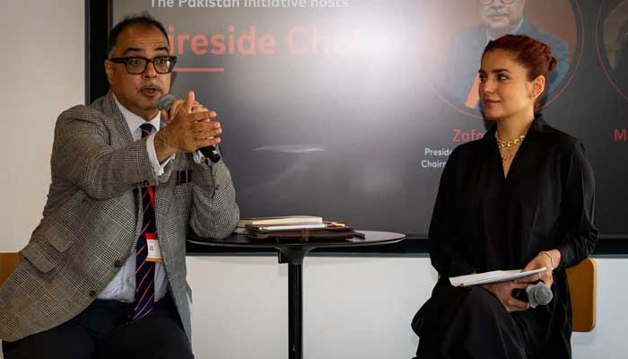 Bank of Punjab President and CEO Zafar Masud speaks at an event organised by The Pakistan Initiative at Mastercard in New York, moderated by musician and mathematician Momina Mustehsan. — The Pakistan Initiative