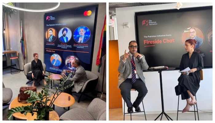 This collage shows Zafar Masud and musician and mathematician Momina Mustehsan speaking during the event organised by The Pakistan Initiative at Mastercard in New York. — The Pakistan Initiative