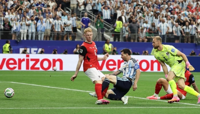 Argentinas forward #10 Lionel Messi (C) scores his teams second goal during the 2026 World Cup Group J football match between Argentina and Austria at the Dallas Stadium in Arlington on June 22, 2026. — AFP