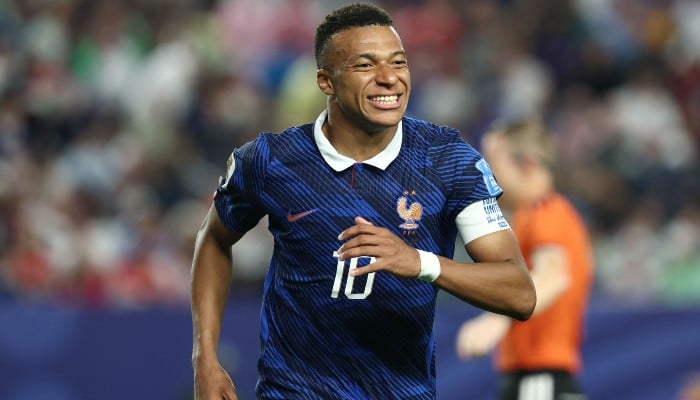 Frances forward #10 Kylian Mbappe reacts during the 2026 World Cup Group I football match between France and Iraq at the Philadelphia Stadium in Philadelphia on June 22, 2026. — AFP