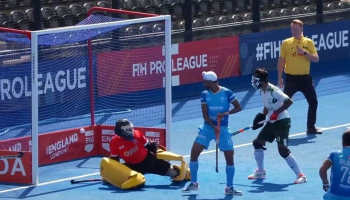 Pakistan and India players in action during their FIH Pro League match at the Lee Valley Hockey and Tennis Centre in London on June 23, 2026. — X
