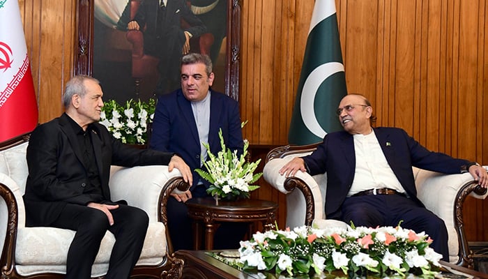 Iranian President Masoud Pezeshkian meets President Asif Ali Zardari at Aiwan-i-Sadr on June 23, 2026. — X/@MediaCellPPP