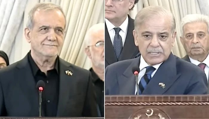 Prime Minister Shehbaz Sharif (right) and Iranian President Masoud Pezeshkian address the joint press conference after delegation-level talks in Islamabad on June 23, 2026. — Screengrab via Geo News