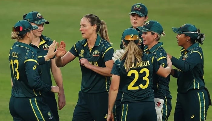 Australias Ellyse Perry (third from left) celebrates taking a wicket with teammates during their ICC Womens T20 World Cup match against Pakistan at Headingley on June 23, 2026. — ICC