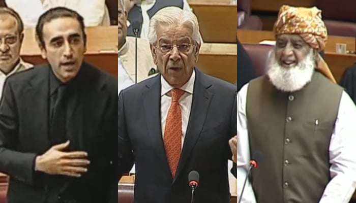 This collage shows PPP Chairman Bilawal Bhutto Zardari (left), Defence Minister Khawaja Asif (centre) and JUI-F chief Maulana Fazlur Rehman. — Geo News