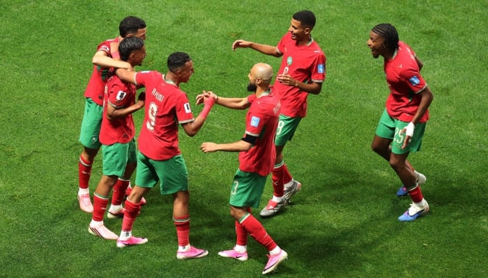 Moroccos Gessime Yassine celebrates with teammates after scoring his sides fourth goal during the Group C match against Haiti at Atlanta Stadium in Atlanta, Georgia, US, on June 24, 2026. — Reuters