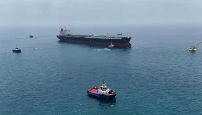 Drone view of oil tanker HELGA berthed at one of Iraqs southern offshore oil terminals near Basra as it prepares to load crude oil, becoming the second vessel to arrive since the closure of the Strait of Hormuz, April 24, 2026. — Reuters/File