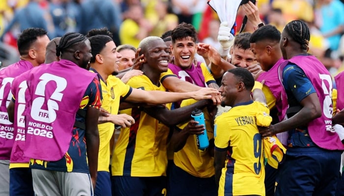 Ecuadors players celebrate after beating Fermany in the Group E match of the Fifa World Cup 2026 at New York/New Jersey Stadium, East Rutherford, New Jersey, US, on June 25, 2026. — Reuters