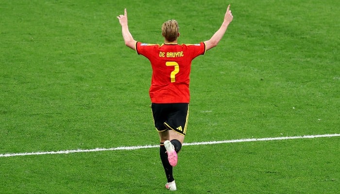 Kevin De Bruyne #7 of Belgium celebrates with teammates after scoring his teams third goal during the Fifa World Cup 2026 Group G match between New Zealand and Belgium at BC Place Vancouver on June 26, 2026 in Vancouver, British Columbia, Canada. — AFp