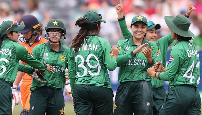 Pakistan players celebrates a wicket during their ICC Womens T20 World Cup match against Netherlands at the County Ground in Bristol on June 27, 2026. — X/@TheRealPCB