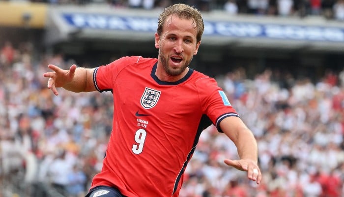 Englands forward #09 Harry Kane celebrates scoring his teams second goal during the 2026 World Cup Group L football match between Panama and England at the New York/New Jersey Stadium in East Rutherford on June 27, 2026. — AFP
