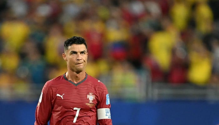 Portugals forward #07 Cristiano Ronaldo gestures at the halftime of the 2026 World Cup Group K football match between Colombia and Portugal at the Miami Stadium in Miami Gardens on June 27, 2026. — AFP