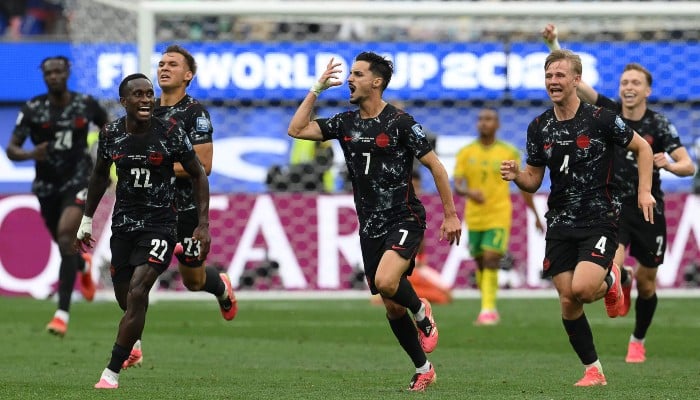 Canadas midfielder #07 Stephen Eustaquio celebrates scoring his teams first goal during the 2026 World Cup round of 32 football match between South Africa and Canada at the Los Angeles Stadium in Inglewood on June 28, 2026. — AFP