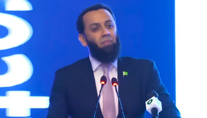 Federal Minister for Information and Broadcasting Attaullah Tarar addresses international seminar on the Indus Waters Treaty in Islamabad on June 30, 2026. — Geo news