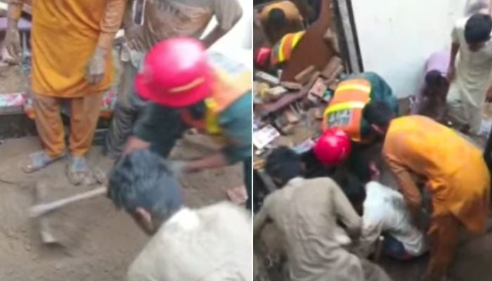 Rescue workers search through the rubble after the roof of a tuition centre collapsed in Lahores Kahna area on June 30, 2026. — Screengrab via Geo News