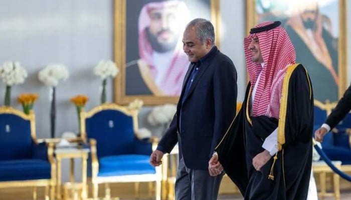 Minister of Interior and Narcotics Control Mohsin Raza Naqvi is welcomed on arrival at King Khalid International Airport by Saudi Interior Minister Prince Abdulaziz bin Saud bin Naif bin Abdulaziz. — SPA