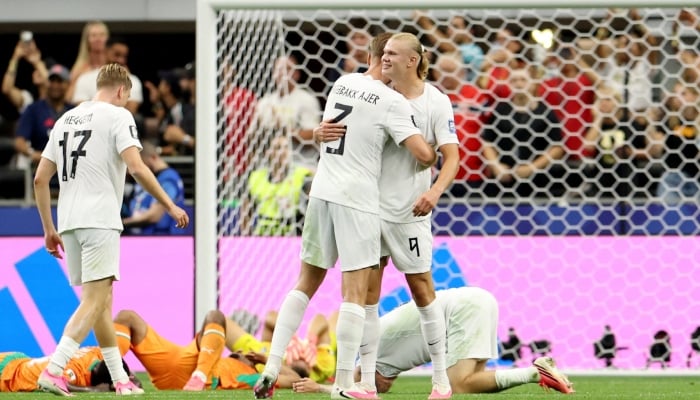 Norways Erling Haaland and Kristoffer Ajer celebrate after defeating Ivory Coast in the Round of 32 to qualify for the World Cup Round of 16 at Dallas Stadium, Arlington, Texas, US, June 30, 2026. — Reuters