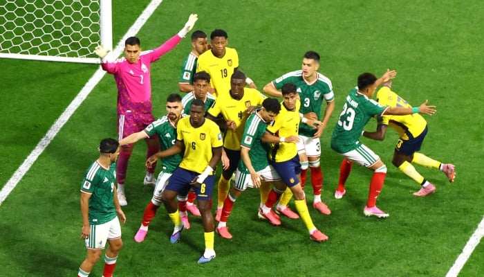 Players contest a corner during the World Cup Round of 32 match between Mexico and Ecuador at Estadio Azteca, Mexico City, Mexico, June 30, 2026. — Reuters