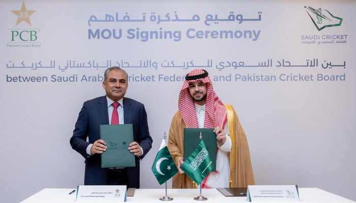 PCB Chairman Mohsin Naqvi and SACF Chairman HRH Prince Saud bin Mishal Al Saud at a Memorandum of Understanding (MoU) signing ceremony, on July 2, 2026.— PCB